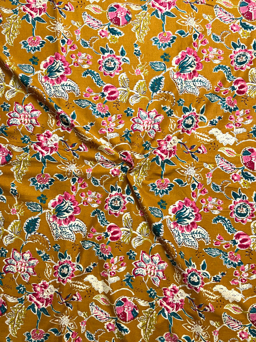 Mustard Sanganeri Floral Jaal Cotton Fabric