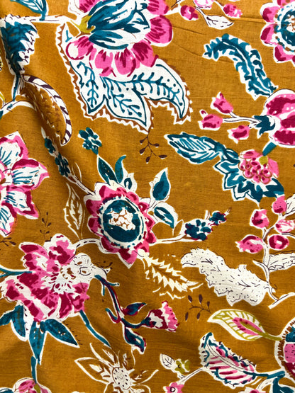 Mustard Sanganeri Floral Jaal Cotton Fabric