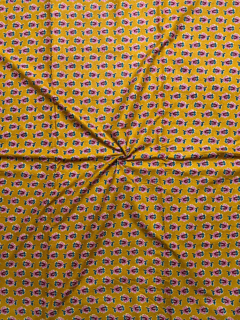 Mustard Dabu Floral Butti Cotton Fabric