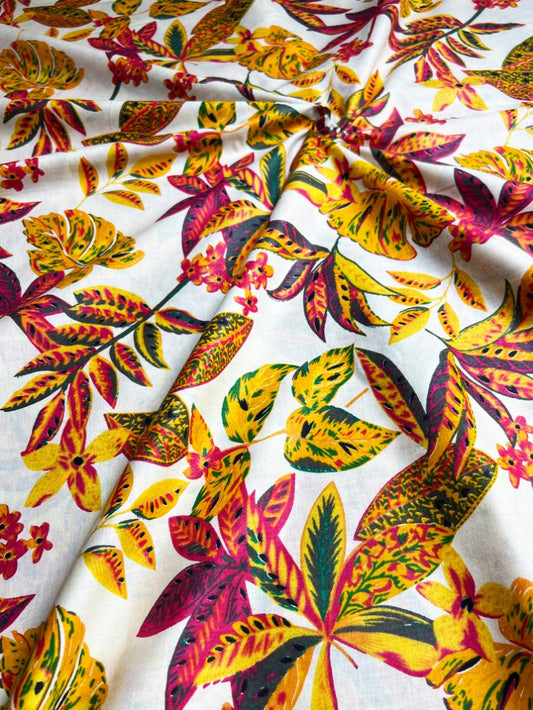 Beige Magenta Ajrak Leaf Cotton Fabric