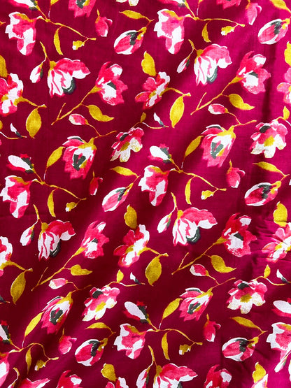 Maroon Sanganeri Floral Jaal Cotton Fabric