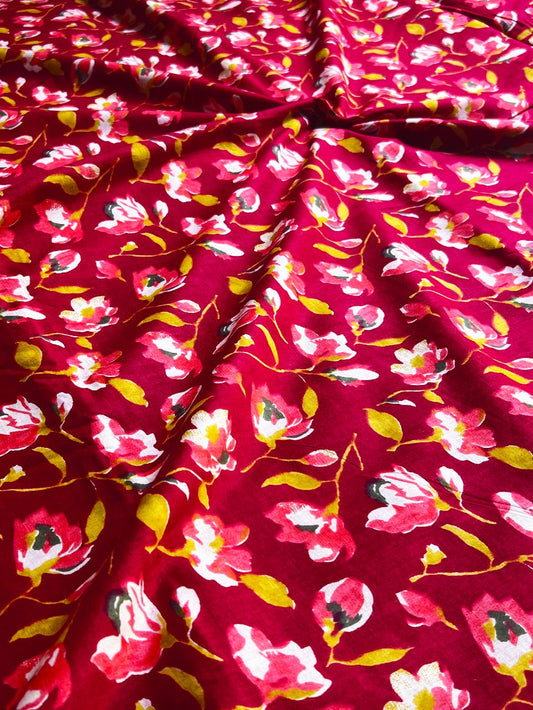Maroon Sanganeri Floral Jaal Cotton Fabric