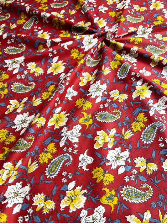 Red Rust Kalamkari Kairi Jaal Cotton Fabric