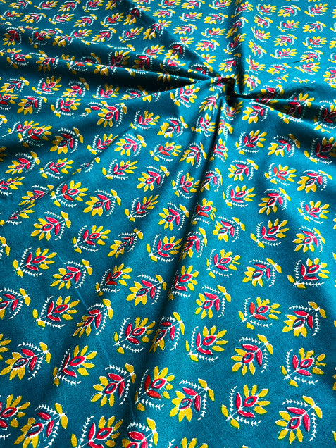 Teal Green Dabu Motifs Cotton Fabric