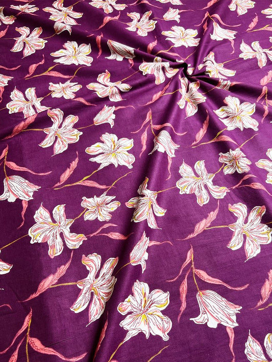 Purple Sanganeri Flowers Cotton Fabric