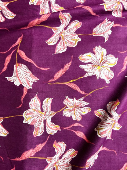Purple Sanganeri Flowers Cotton Fabric