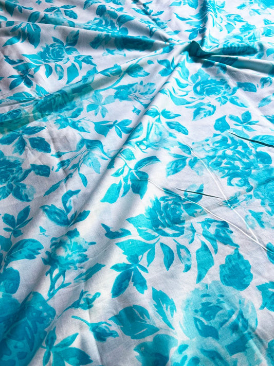White Blue Sanganeri Rose Cotton Fabric
