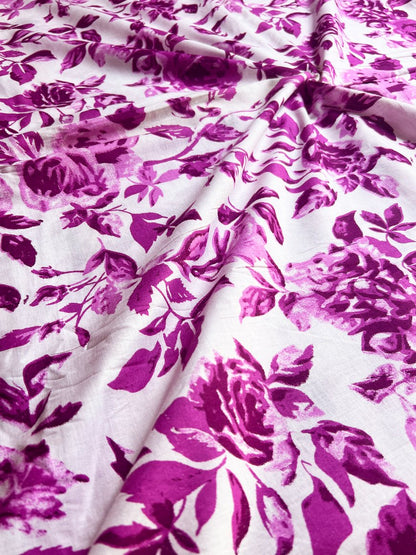 White Purple Sanganeri Rose Cotton Fabric