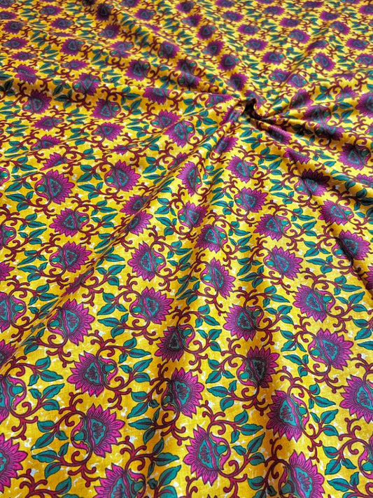 Yellow Ajrak Mughal Wall Design Cotton Fabric