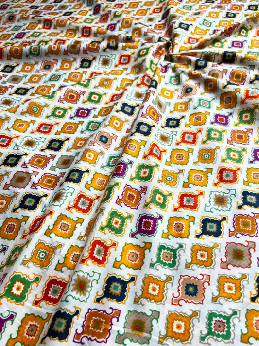 Beige Ajrak Mughal Wall Design Cotton Fabric