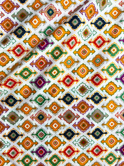 Beige Ajrak Mughal Wall Design Cotton Fabric