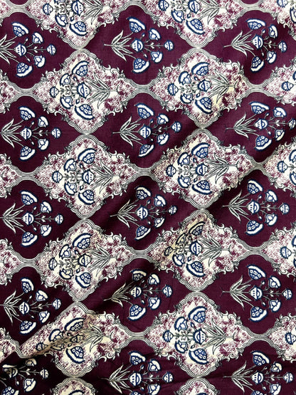 Maroon White Kalamkari Mughal Wall Cotton Fabric