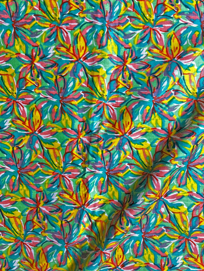 Green Yellow Kalamkari Floral Jaal Cotton Fabric
