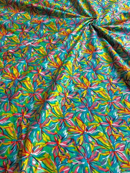 Green Yellow Kalamkari Floral Jaal Cotton Fabric