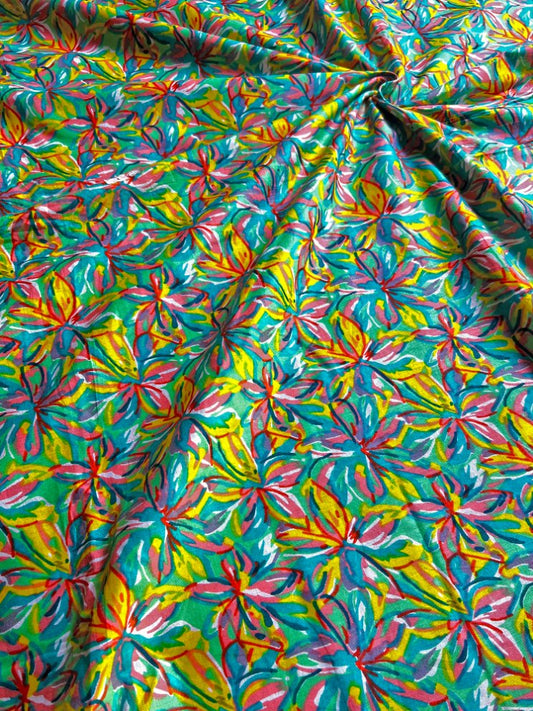 Green Yellow Kalamkari Floral Jaal Cotton Fabric