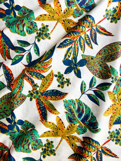 Beige Green Ajrak Leaf Cotton Fabric