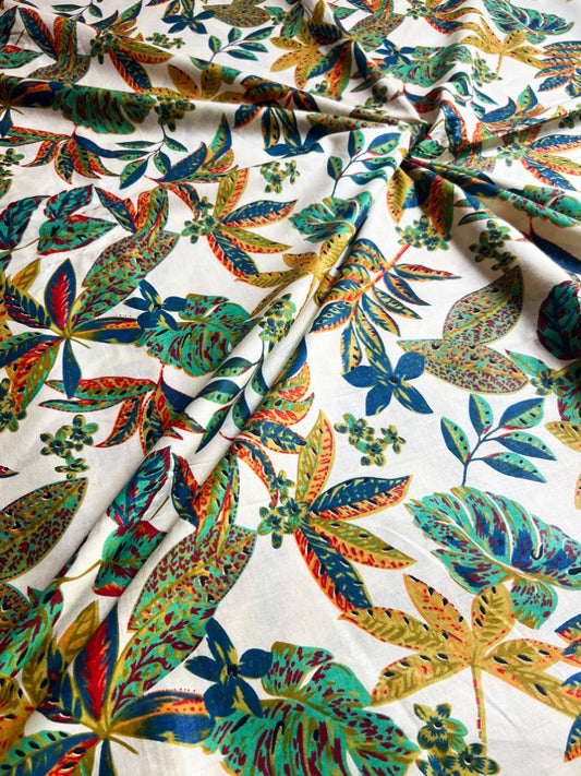 Beige Green Ajrak Leaf Cotton Fabric