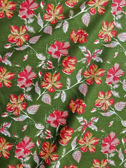 Green Sanganeri Floral Jaal Cotton Fabric