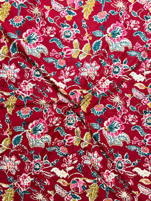 Red Sanganeri Floral Jaal Cotton Fabric