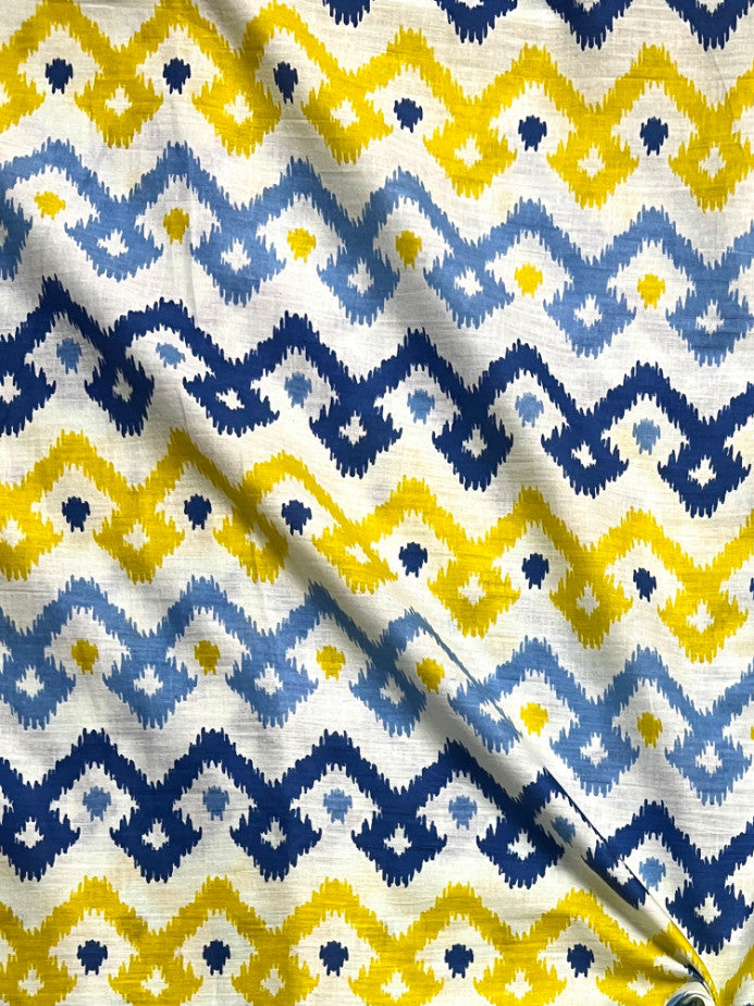 Yellow Blue Ikat Pattern Cotton Fabric