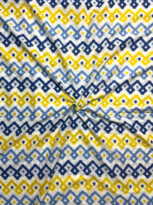 Yellow Blue Ikat Pattern Cotton Fabric