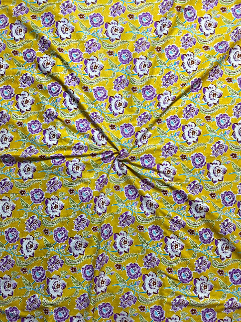 Yellow Sanganeri Floral Jaal Cotton Fabric