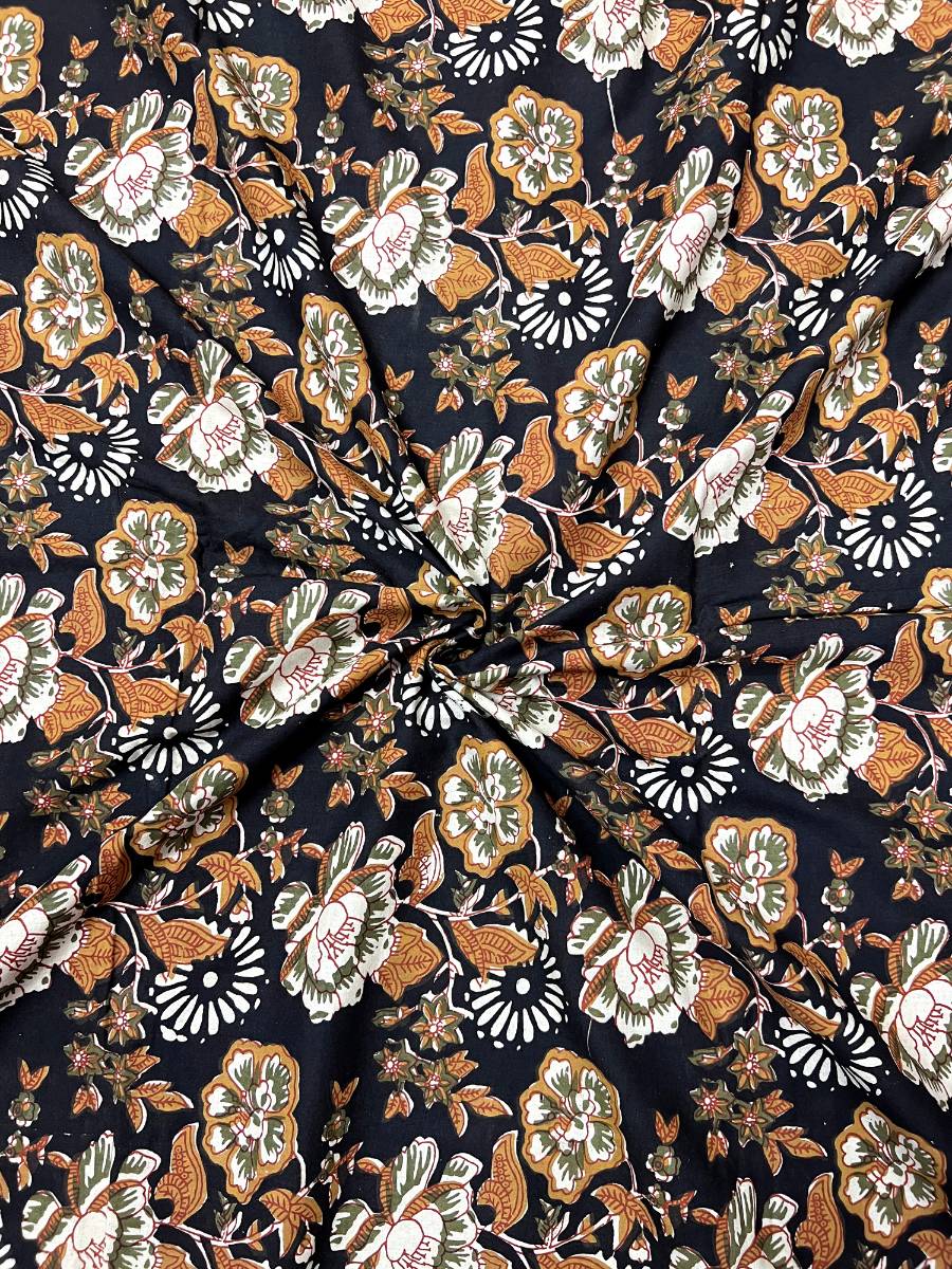 Black Big Flowers Cotton Fabric
