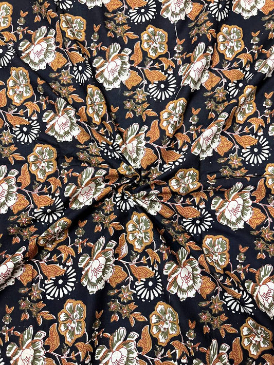 Black Big Flowers Cotton Fabric