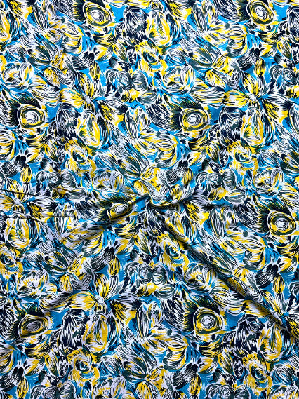 Blue Yellow Kalamkari Abstract Cotton Fabric