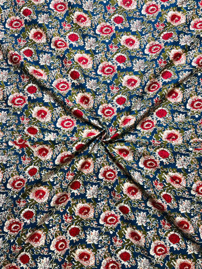 Blue Magenta Kalamkari Floral Cotton Fabric