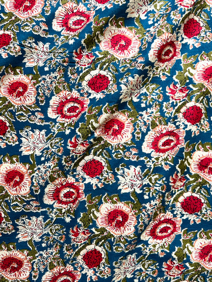 Blue Magenta Kalamkari Floral Cotton Fabric