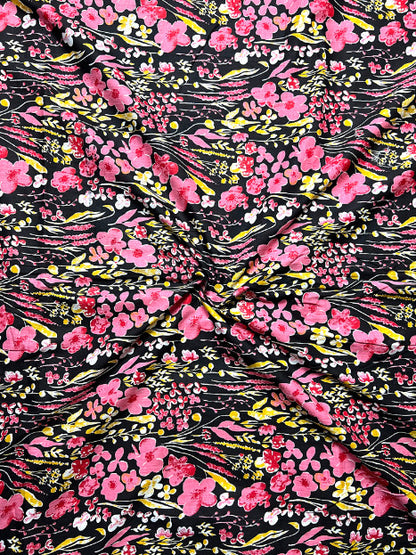 Black Pink Sanganeri Floral Cotton Fabric