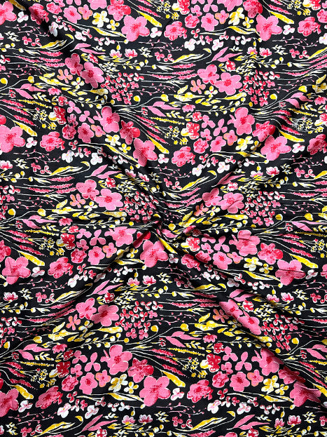 Black Pink Sanganeri Floral Cotton Fabric
