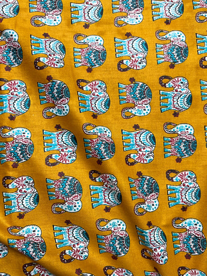 Yellow Ajrak Traditional Motifs Cotton Fabric
