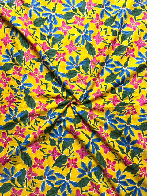 Yellow Sanganeri Floral Jaal Cotton Fabric