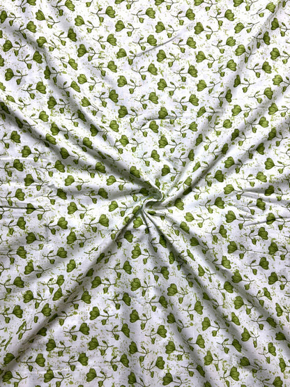 White Green Sanganeri Floral Cotton Fabric