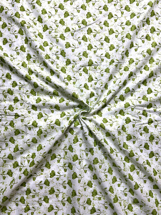 White Green Sanganeri Floral Cotton Fabric