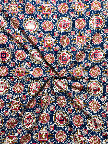 Blue Red Ajrak Mughal Wall Cotton Fabric