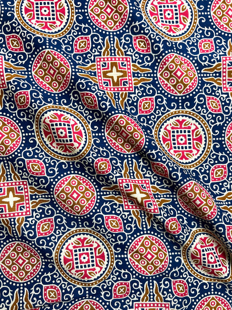 Blue Red Ajrak Mughal Wall Cotton Fabric
