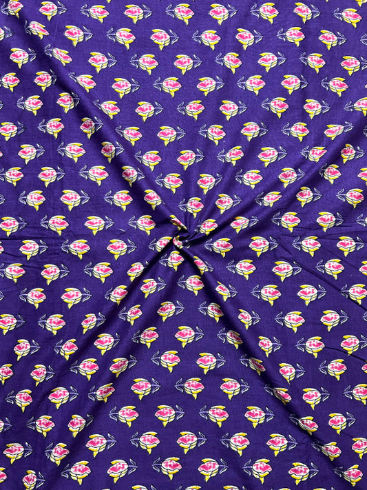 Purple Dabu Rose Butti Cotton Fabric