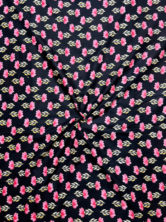 Black Dabu Floral Butti Cotton Fabric
