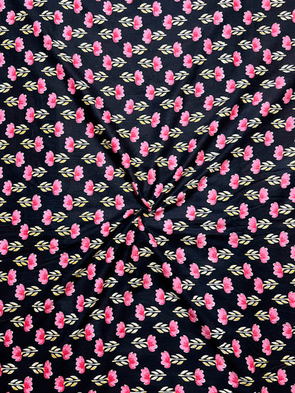 Black Dabu Floral Butti Cotton Fabric