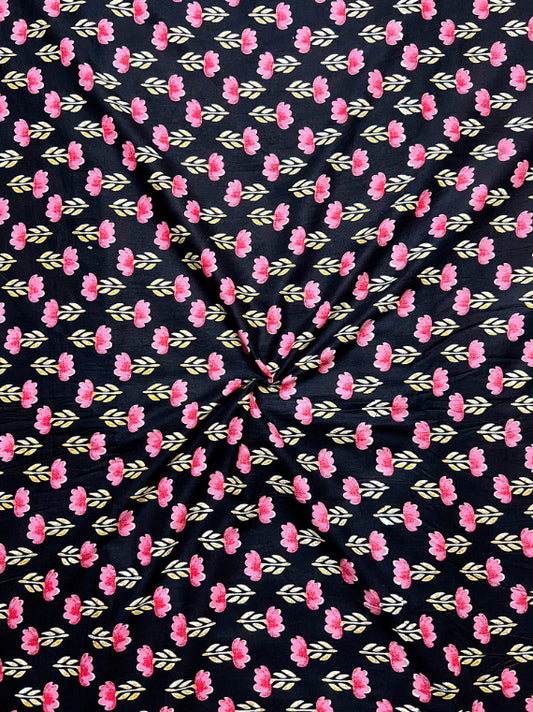 Black Dabu Floral Butti Cotton Fabric