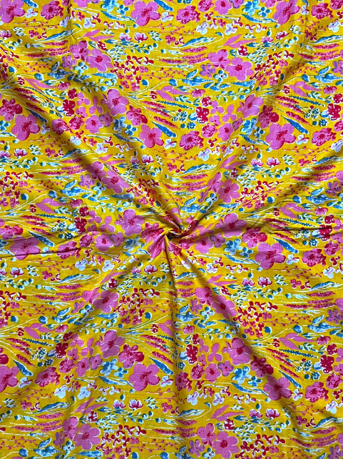 Yellow Pink Sanganeri Floral Cotton Fabric