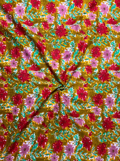 Brown Red Sanganeri Floral Cotton Fabric