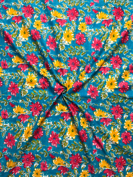 Blue Pink Sanganeri Floral Cotton Fabric