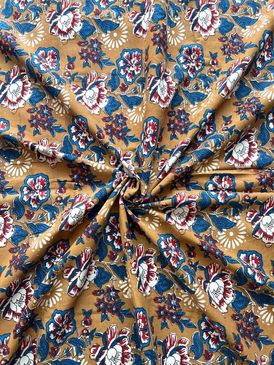 Mustard Floral Kali Cotton Fabric - Dorukh