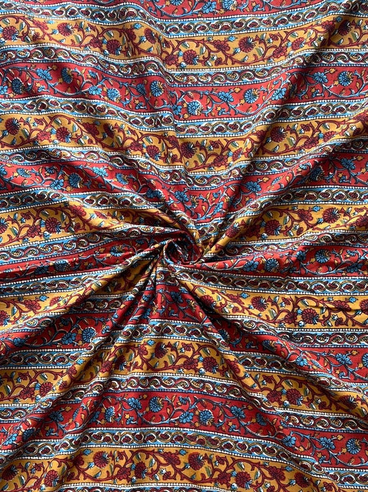 Mustard Orange Floral Border Cotton Fabric - Dorukh